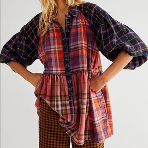 FREE PEOPLE Moon Bay Mixed Plaid Top